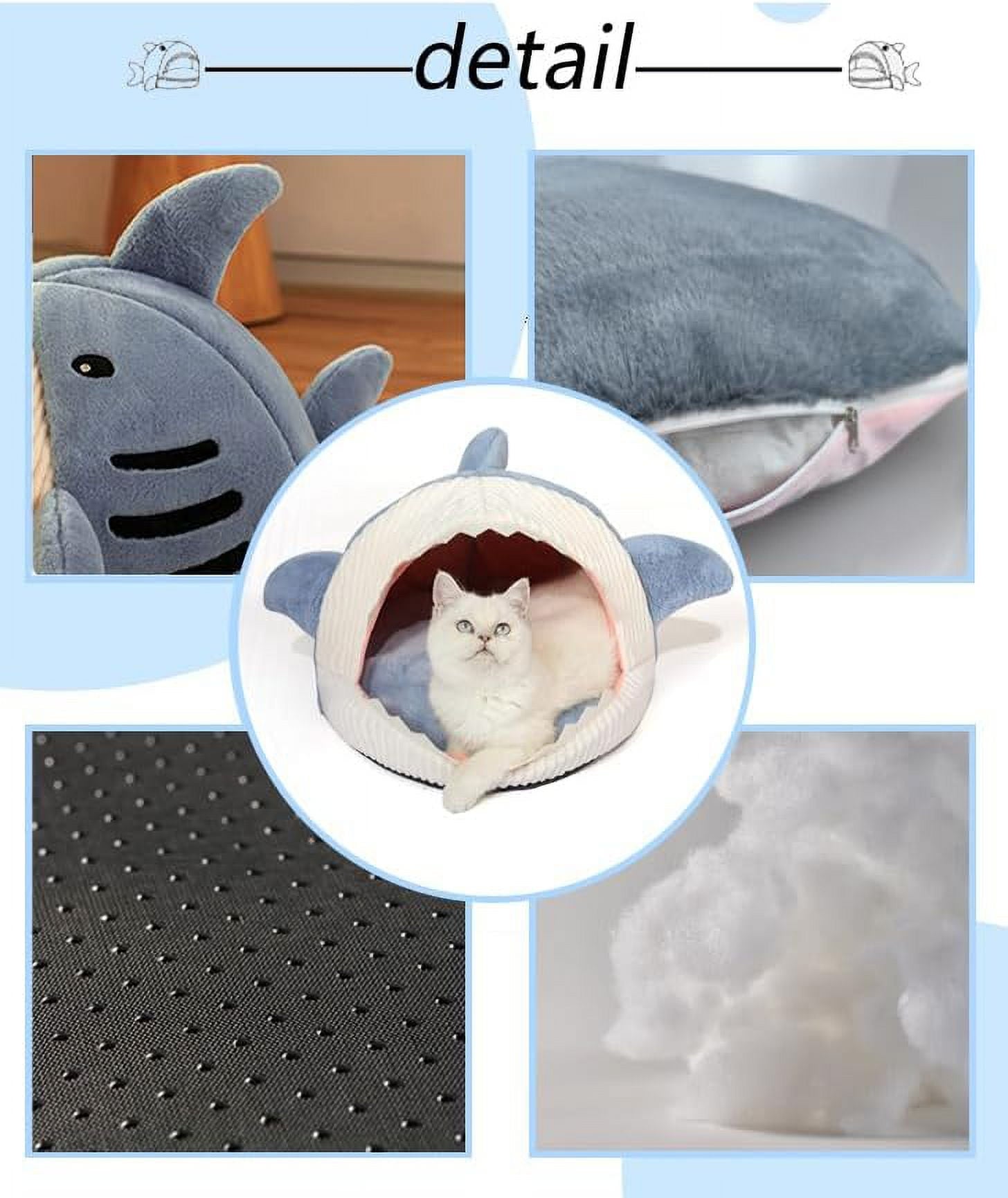 Shark Cat Bed Cave – Plush Cozy Cat House with Removable Washable Pillow, Non-Slip Indoor Cat Bed for Cats & Kittens (Blue)