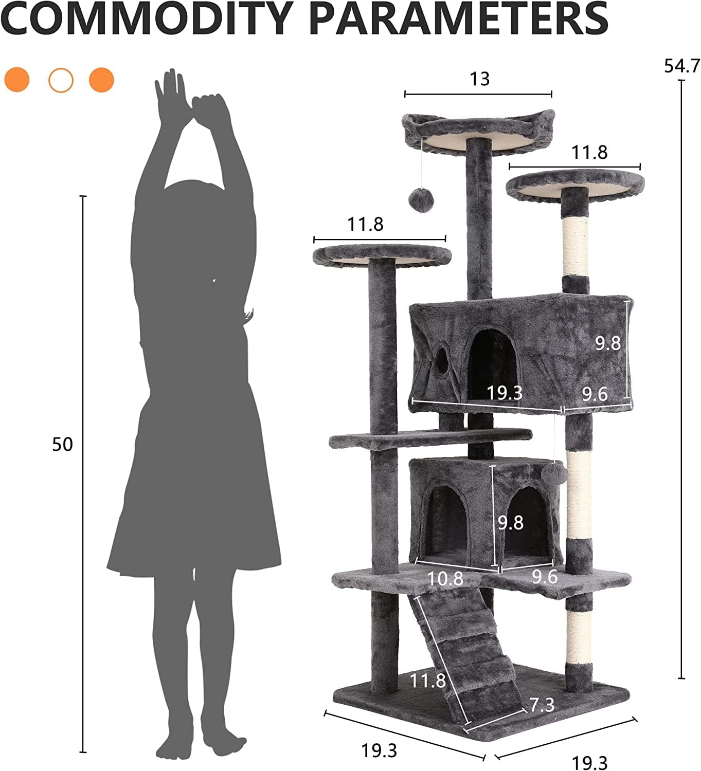 54” Cat Tree Tower for Indoor Cats – Multi-Level Cat Condo with Scratching Posts, Plush Perches, Cozy Condos & Hanging Toys, Light Gray