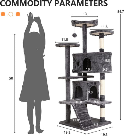 54” Cat Tree Tower for Indoor Cats – Multi-Level Cat Condo with Scratching Posts, Plush Perches, Cozy Condos & Hanging Toys, Light Gray