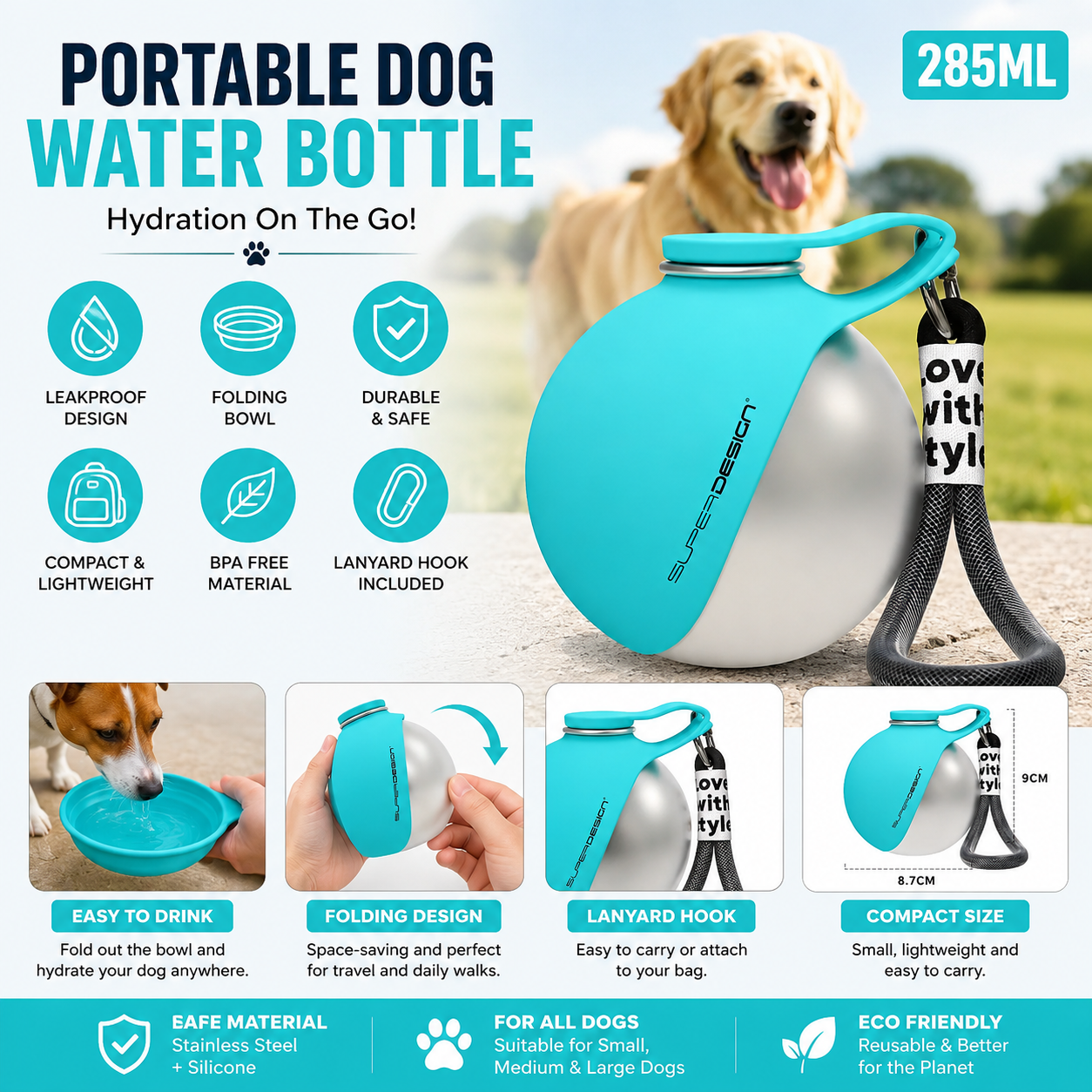 Portable Dog Water Bottle for Walking & Travel | Leakproof Stainless Steel Pet Water Dispenser with Folding Bowl & Lanyard