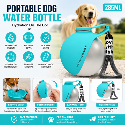 Portable Dog Water Bottle for Walking & Travel | Leakproof Stainless Steel Pet Water Dispenser with Folding Bowl & Lanyard