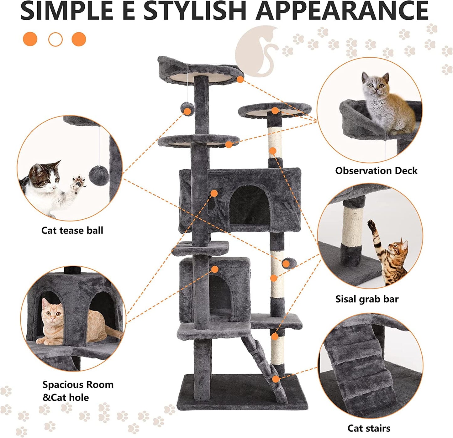 54” Cat Tree Tower for Indoor Cats – Multi-Level Cat Condo with Scratching Posts, Plush Perches, Cozy Condos & Hanging Toys, Light Gray