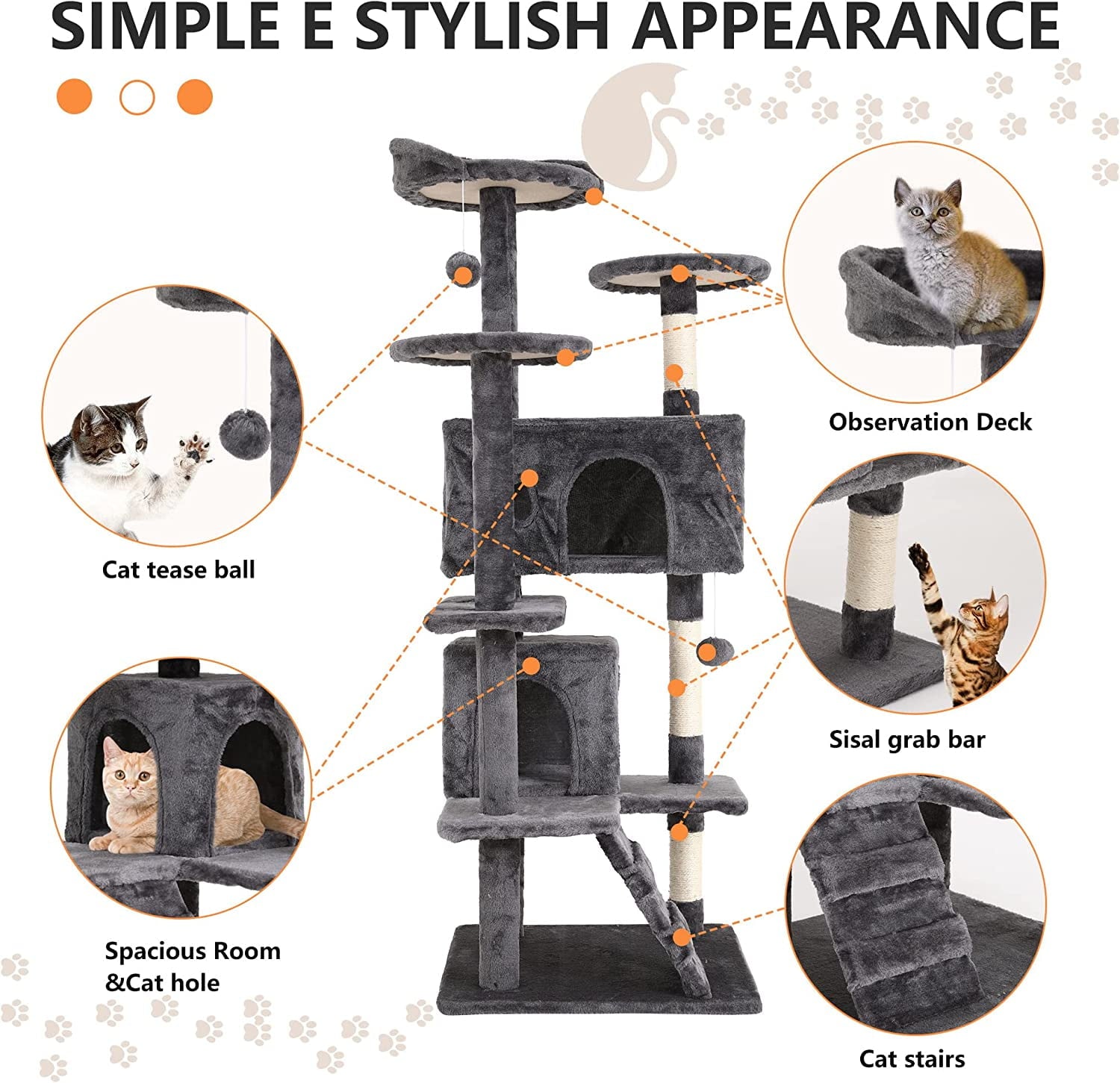 54” Cat Tree Tower for Indoor Cats – Multi-Level Cat Condo with Scratching Posts, Plush Perches, Cozy Condos & Hanging Toys, Light Gray