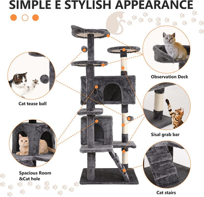 54” Cat Tree Tower for Indoor Cats – Multi-Level Cat Condo with Scratching Posts, Plush Perches, Cozy Condos & Hanging Toys, Light Gray