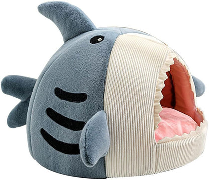 Shark Cat Bed Cave – Plush Cozy Cat House with Removable Washable Pillow, Non-Slip Indoor Cat Bed for Cats & Kittens (Blue)