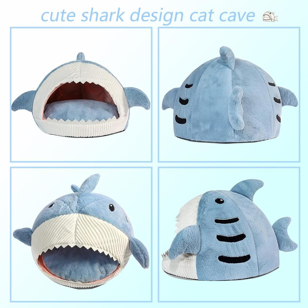 Shark Cat Bed Cave – Plush Cozy Cat House with Removable Washable Pillow, Non-Slip Indoor Cat Bed for Cats & Kittens (Blue)