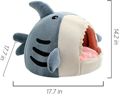 Shark Cat Bed Cave – Plush Cozy Cat House with Removable Washable Pillow, Non-Slip Indoor Cat Bed for Cats & Kittens (Blue)