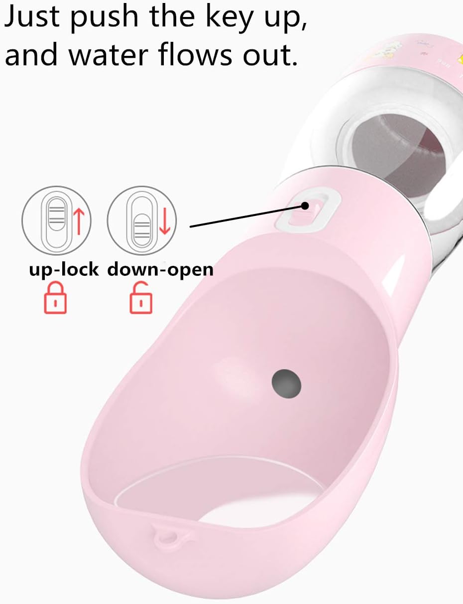 Portable Dog Water Bottle - Leak-Proof Dispenser with Integrated Bowl and Food Container, Dishwasher Safe Food Grade Plastic for Outdoor Activities, Pink