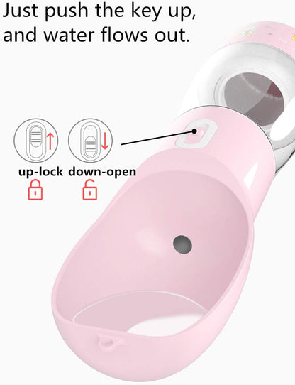 Portable Dog Water Bottle - Leak-Proof Dispenser with Integrated Bowl and Food Container, Dishwasher Safe Food Grade Plastic for Outdoor Activities, Pink