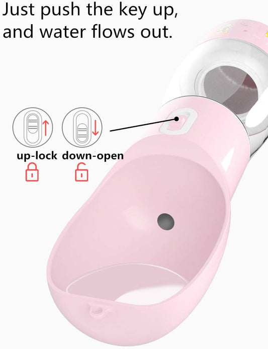 Portable Dog Water Bottle - Leak-Proof Dispenser with Integrated Bowl and Food Container, Dishwasher Safe Food Grade Plastic for Outdoor Activities, Pink