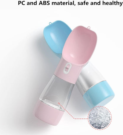Portable Dog Water Bottle - Leak-Proof Dispenser with Integrated Bowl and Food Container, Dishwasher Safe Food Grade Plastic for Outdoor Activities, Pink