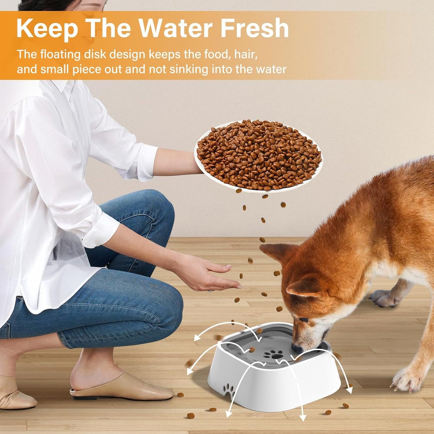 No Spill Dog Water Bowl – Slow Drinking Pet Water Bowl for Dogs & Cats, Splash Proof Portable Travel Water Dispenser with Floating Disk & Non-Slip Base (70oz/2L)