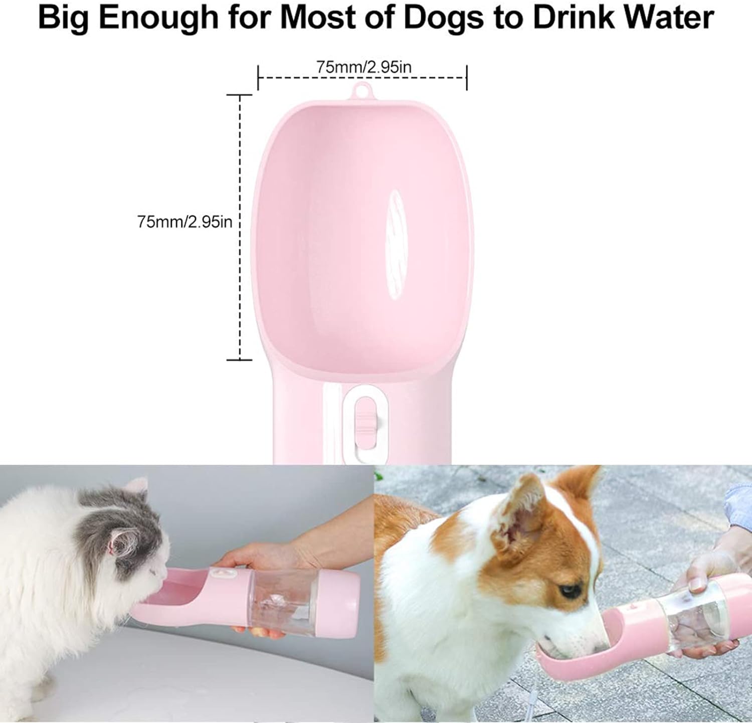 Portable Dog Water Bottle - Leak-Proof Dispenser with Integrated Bowl and Food Container, Dishwasher Safe Food Grade Plastic for Outdoor Activities, Pink