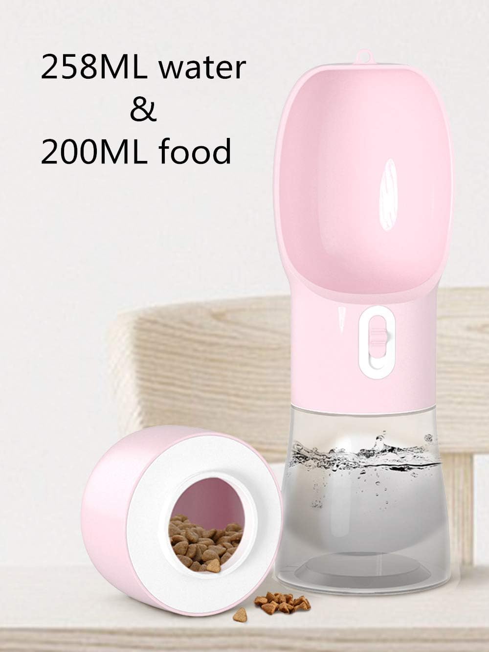 Portable Dog Water Bottle - Leak-Proof Dispenser with Integrated Bowl and Food Container, Dishwasher Safe Food Grade Plastic for Outdoor Activities, Pink
