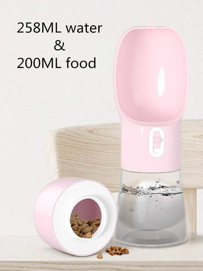 Portable Dog Water Bottle - Leak-Proof Dispenser with Integrated Bowl and Food Container, Dishwasher Safe Food Grade Plastic for Outdoor Activities, Pink