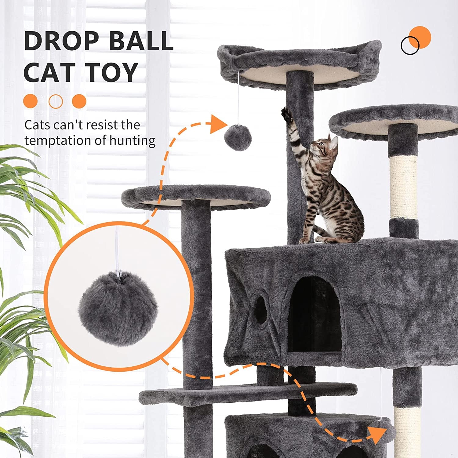 54” Cat Tree Tower for Indoor Cats – Multi-Level Cat Condo with Scratching Posts, Plush Perches, Cozy Condos & Hanging Toys, Light Gray