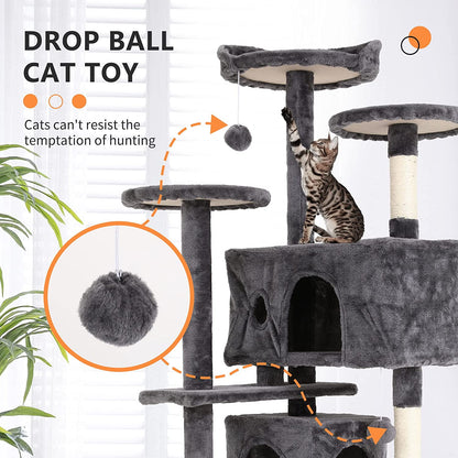 54” Cat Tree Tower for Indoor Cats – Multi-Level Cat Condo with Scratching Posts, Plush Perches, Cozy Condos & Hanging Toys, Light Gray