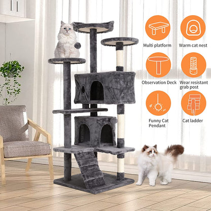 54” Cat Tree Tower for Indoor Cats – Multi-Level Cat Condo with Scratching Posts, Plush Perches, Cozy Condos & Hanging Toys, Light Gray