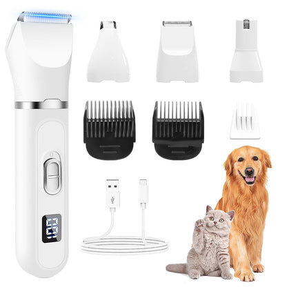 4-in-1 Dog Grooming Kit – Rechargeable Pet Clippers with Paw Trimmer, Nail Grinder & Precision Blades, Cordless Grooming Clippers for Dogs & Cats