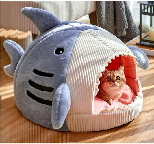 Shark Cat Bed Cave – Plush Cozy Cat House with Removable Washable Pillow, Non-Slip Indoor Cat Bed for Cats & Kittens (Blue)