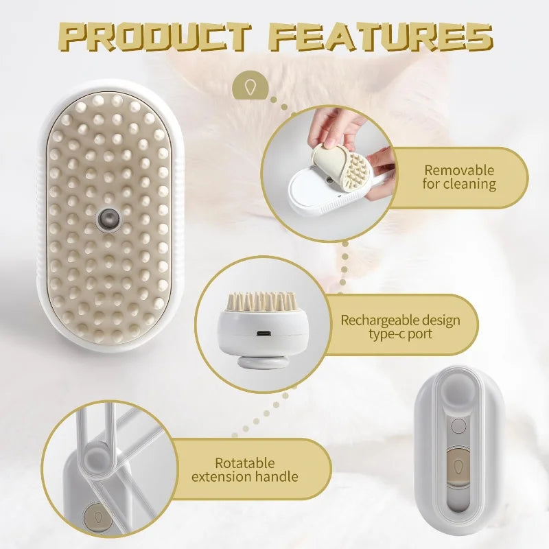 3-in-1 Steam Cat Brush – Electric Pet Grooming Spray Brush with Steam Mist, Hair Removal Comb & Massage Brush for Cats and Dogs