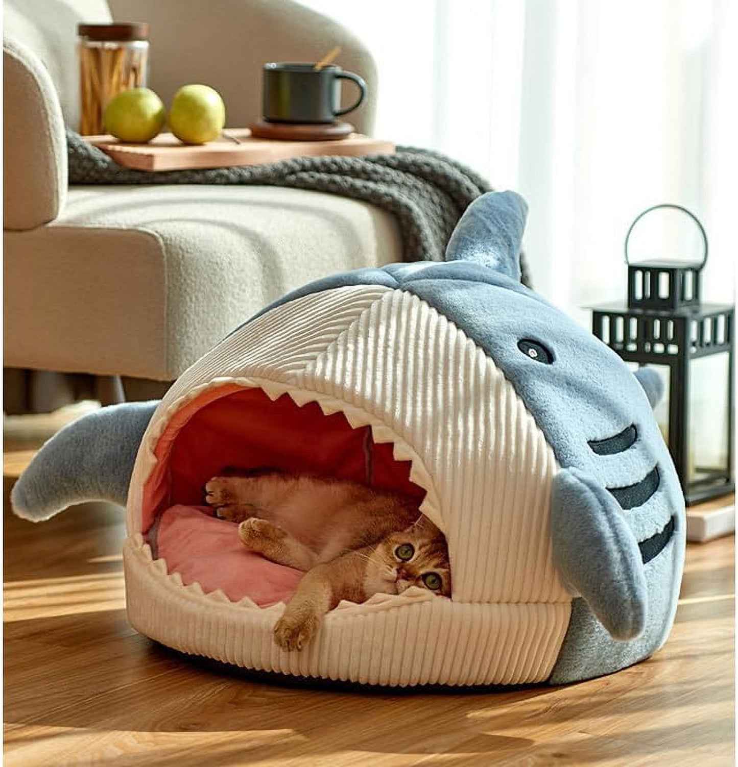 Shark Cat Bed Cave – Plush Cozy Cat House with Removable Washable Pillow, Non-Slip Indoor Cat Bed for Cats & Kittens (Blue)