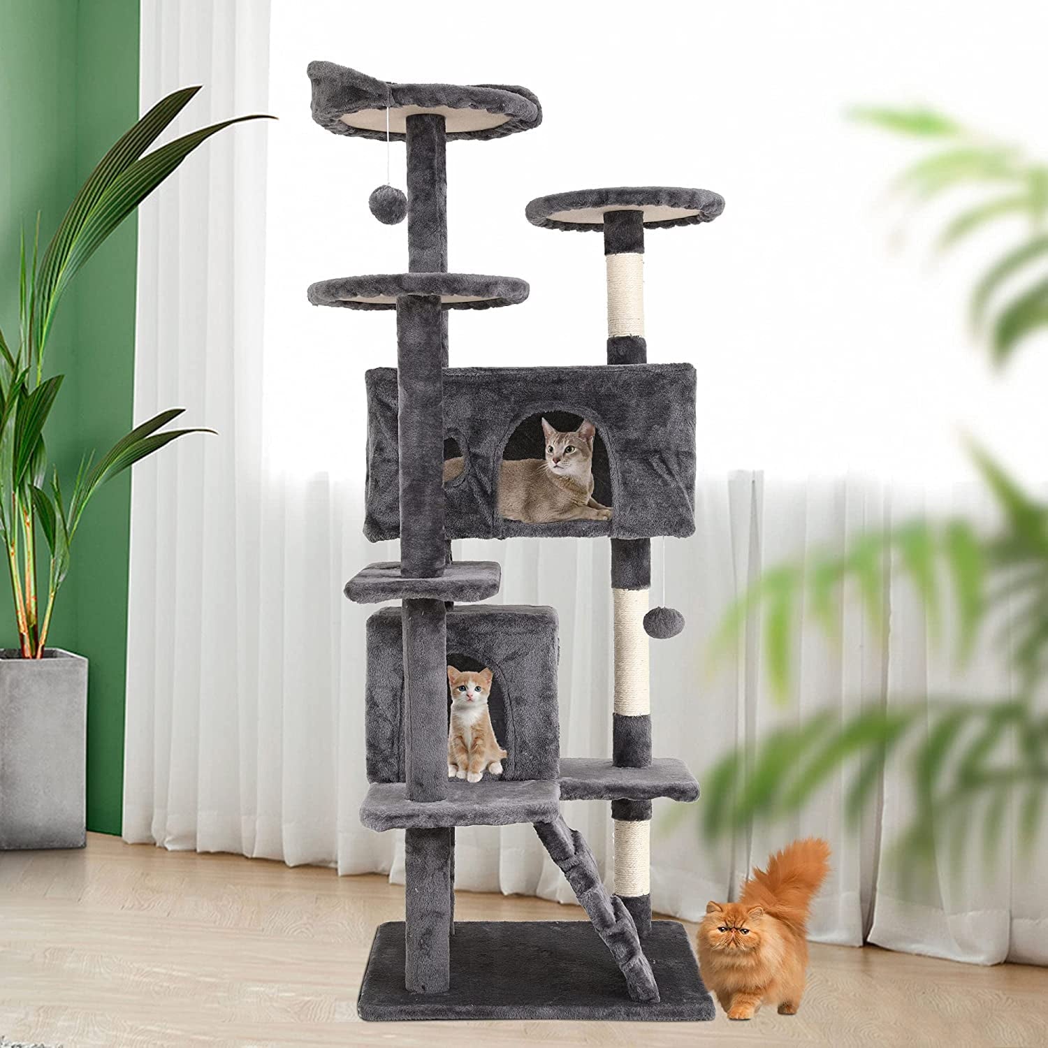 54” Cat Tree Tower for Indoor Cats – Multi-Level Cat Condo with Scratching Posts, Plush Perches, Cozy Condos & Hanging Toys, Light Gray