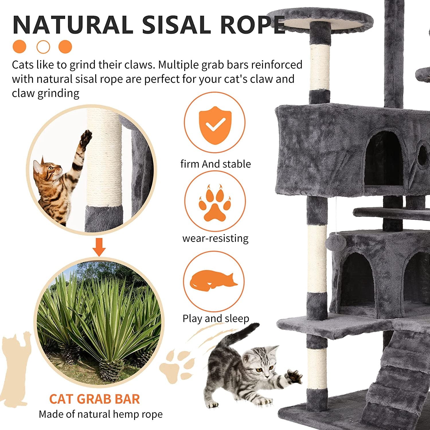54” Cat Tree Tower for Indoor Cats – Multi-Level Cat Condo with Scratching Posts, Plush Perches, Cozy Condos & Hanging Toys, Light Gray