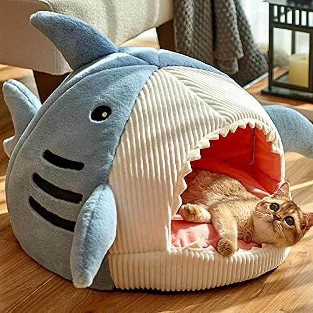 Shark Cat Bed Cave – Plush Cozy Cat House with Removable Washable Pillow, Non-Slip Indoor Cat Bed for Cats & Kittens (Blue)