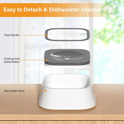 No Spill Dog Water Bowl – Slow Drinking Pet Water Bowl for Dogs & Cats, Splash Proof Portable Travel Water Dispenser with Floating Disk & Non-Slip Base (70oz/2L)